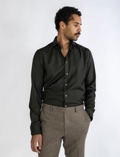 ETON Solid Dark Green Twill 100 Merino Wool Shirt Wide Spread Slim Fit Dress