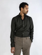 ETON Solid Dark Green Twill 100% Merino Wool Shirt Wide Spread Slim Fit Dress