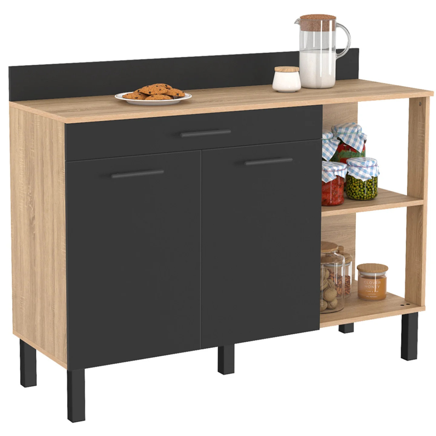 Buffet bas de cuisine CINA 120 cm avec plan de travail chêne et 3 rangements