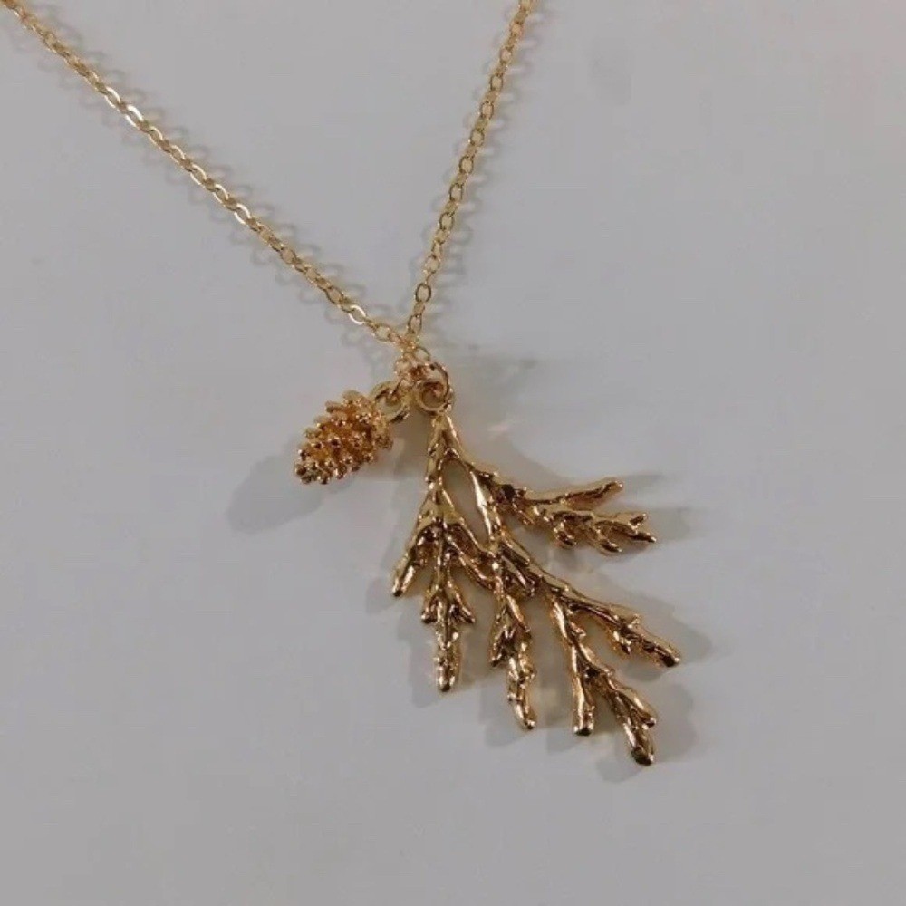NEW! Gold Pinecone Pine Bough Pendant Necklace Nature Outdoors Trees Evergreen