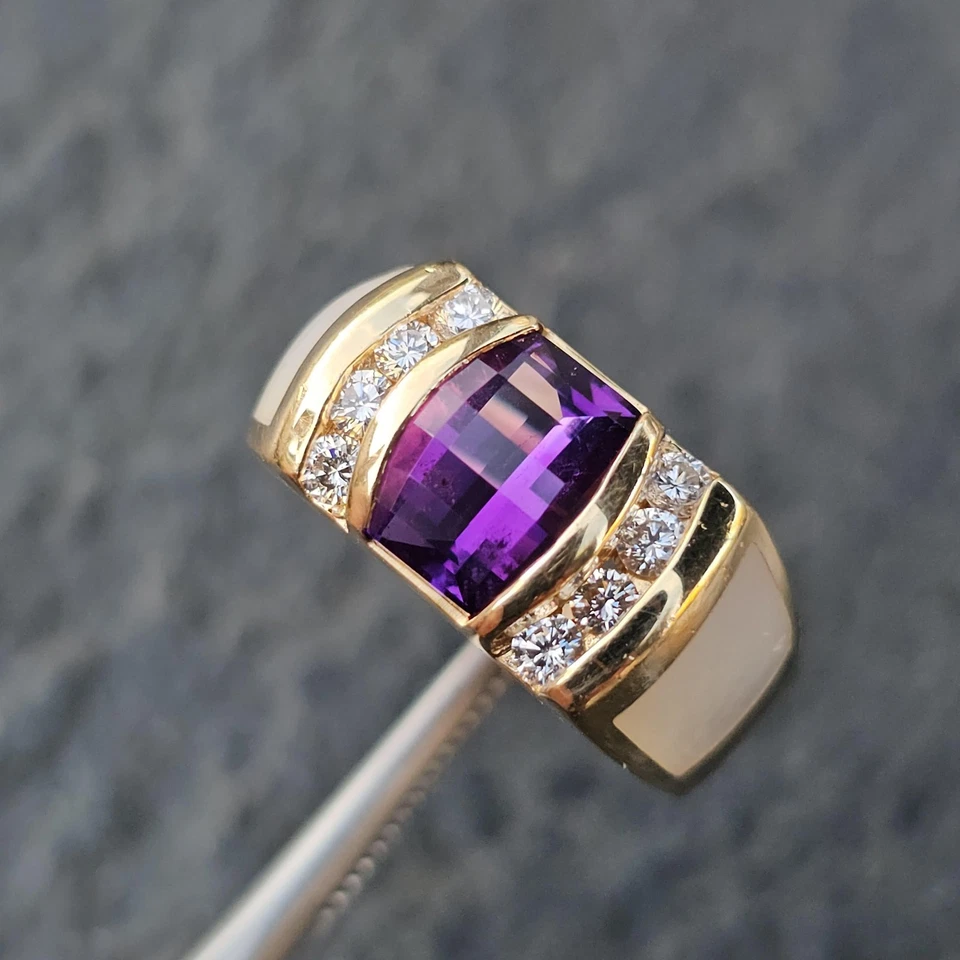 Anel Kabana ametista madrepérola incrustada anel de diamante ouro amarelo 14k 10g tamanho 6,75 - Imagem 2 de 4