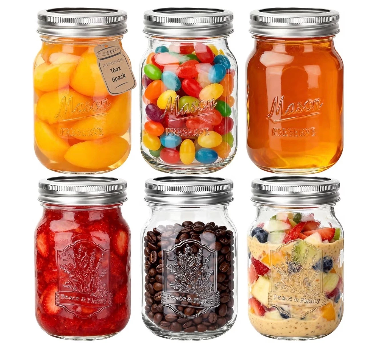 Premium Mason Jars (6 Pack, 480ml) - Airtight Food Storage & Canning