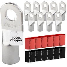 Battery Lugs 4/0AWG 1/2in 10Pc Tinned Copper Ring Terminals w/12 Heat Shrink Kit