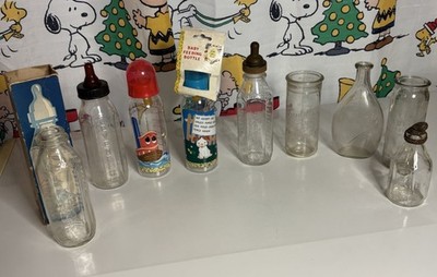 9pc-Vintage Baby Bottle Lot Mixed Glass & Plastic-pyrex Even Flow  & More