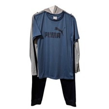 Puma Boys 3-Piece Activewear Set Blue Grey Black Tee Hoodie Joggers Size L 14/16