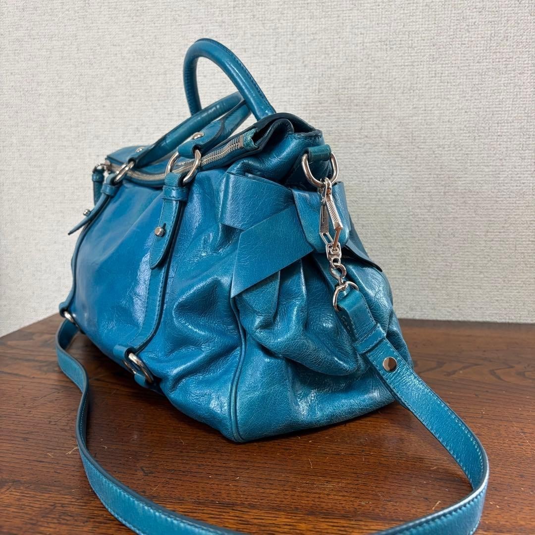 MIU MIU Vitello Lux Turquoise Blue 2way Shoulder Bag Handbag Leather Auth Used image 5