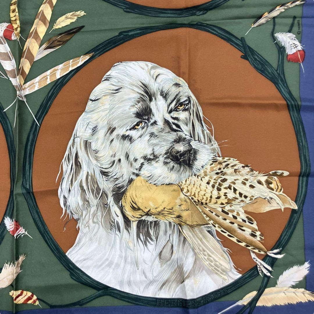 HERMES Scarf Carre 90 Silk Chiens au Rapport Hunting Dog Navy