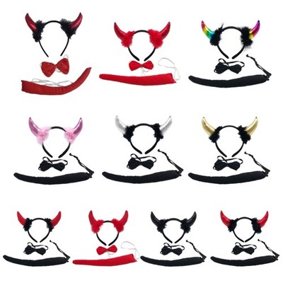 Horn Headband Bowtie Tail Demons Dress Up Outfit Halloween Cosplays Party Props