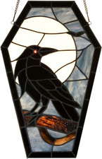 Gothic Raven Stained Glass Suncatcher - Tiffany Style Halloween Decor 16" H