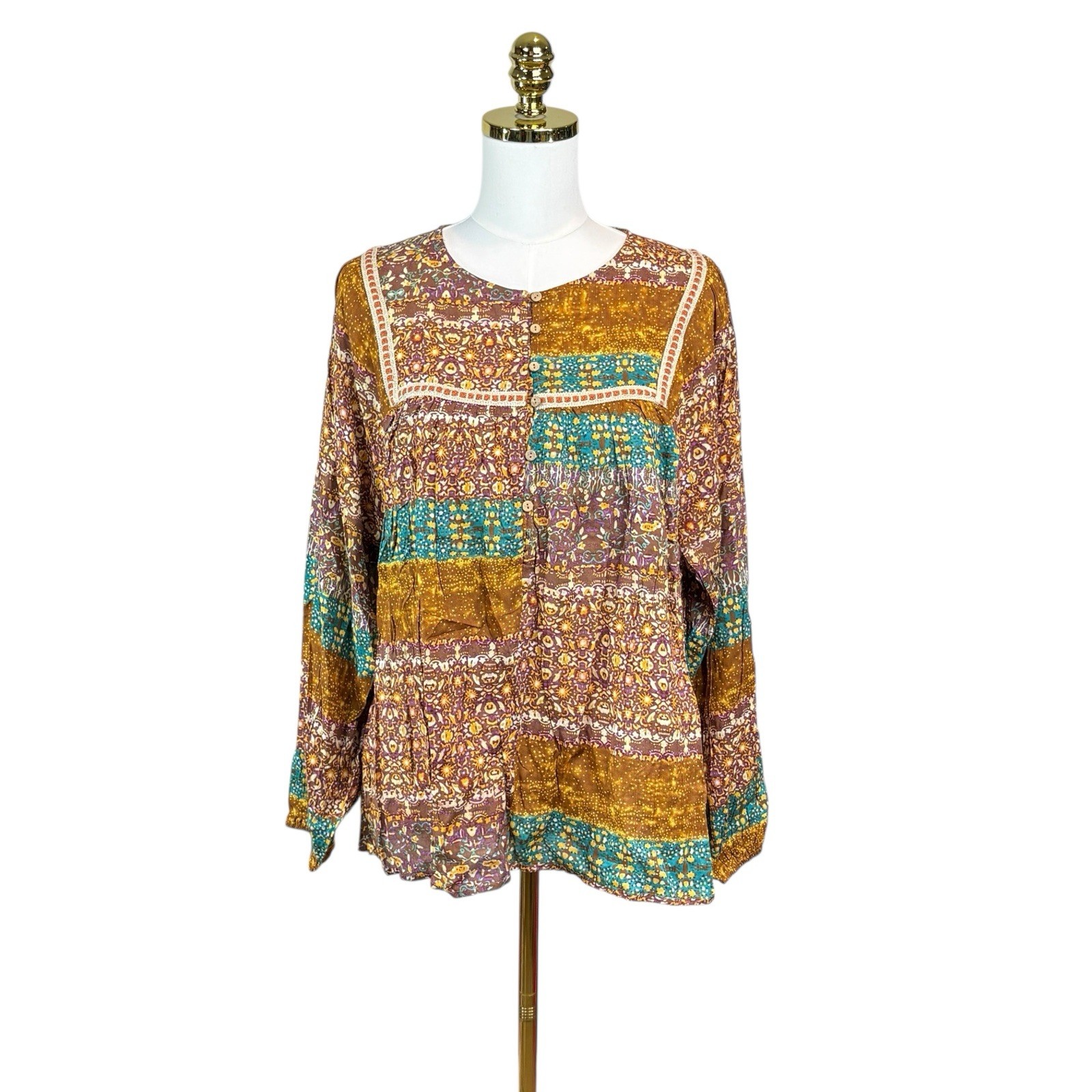 Easel Boho Patchwork Tunic Blouse Womans Size L L… - image 1