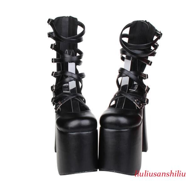 Botas Altas Negras Lolita Punk Colsplay Queen Gótico Tacones Gruesos Zapatos de Plataforma