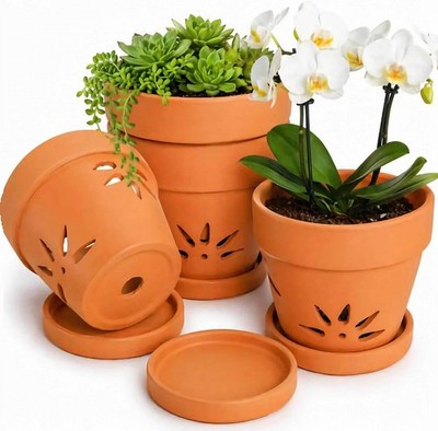WUWEOT 4 Pack 6 Inch Terracotta Clay Orchid Pots with Saucers