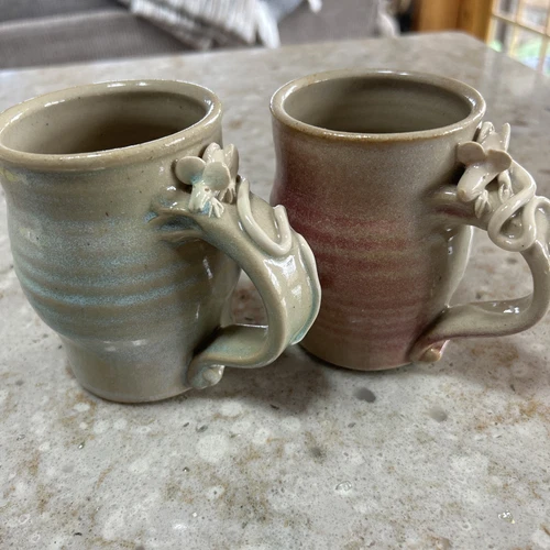 2 Vintage Studio Art Pottery Coffee Mugs Cups Mice Mouse Handle Signed Paldino