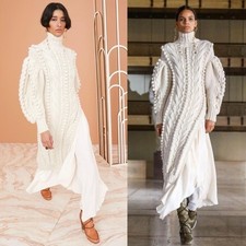 Ulla Johnson Frida Cable Knit Wool Turtleneck Tunic Sweater Cream XS/S