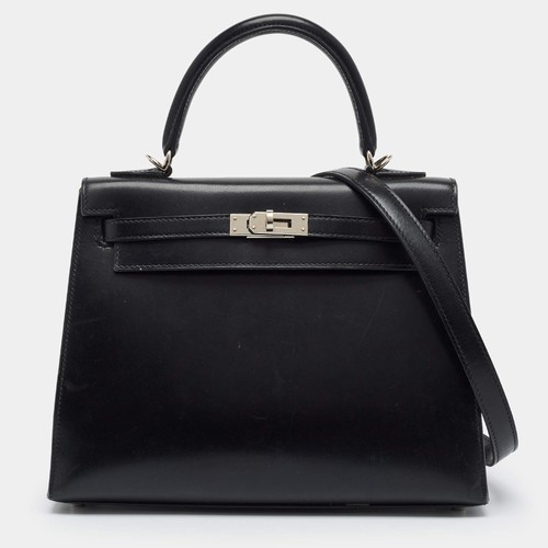 Hermes Kelly Sellier 25 Palladium Finish Noir Box Leather Top Handle Bag