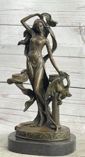 Art Deco Sexy Nymph with Dragon Candelabra Bronze Sculpture Marble Base Figurine