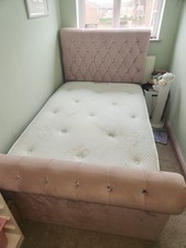 4 ft small double (Queen) bed with pink crushed velvet crystal button headboard