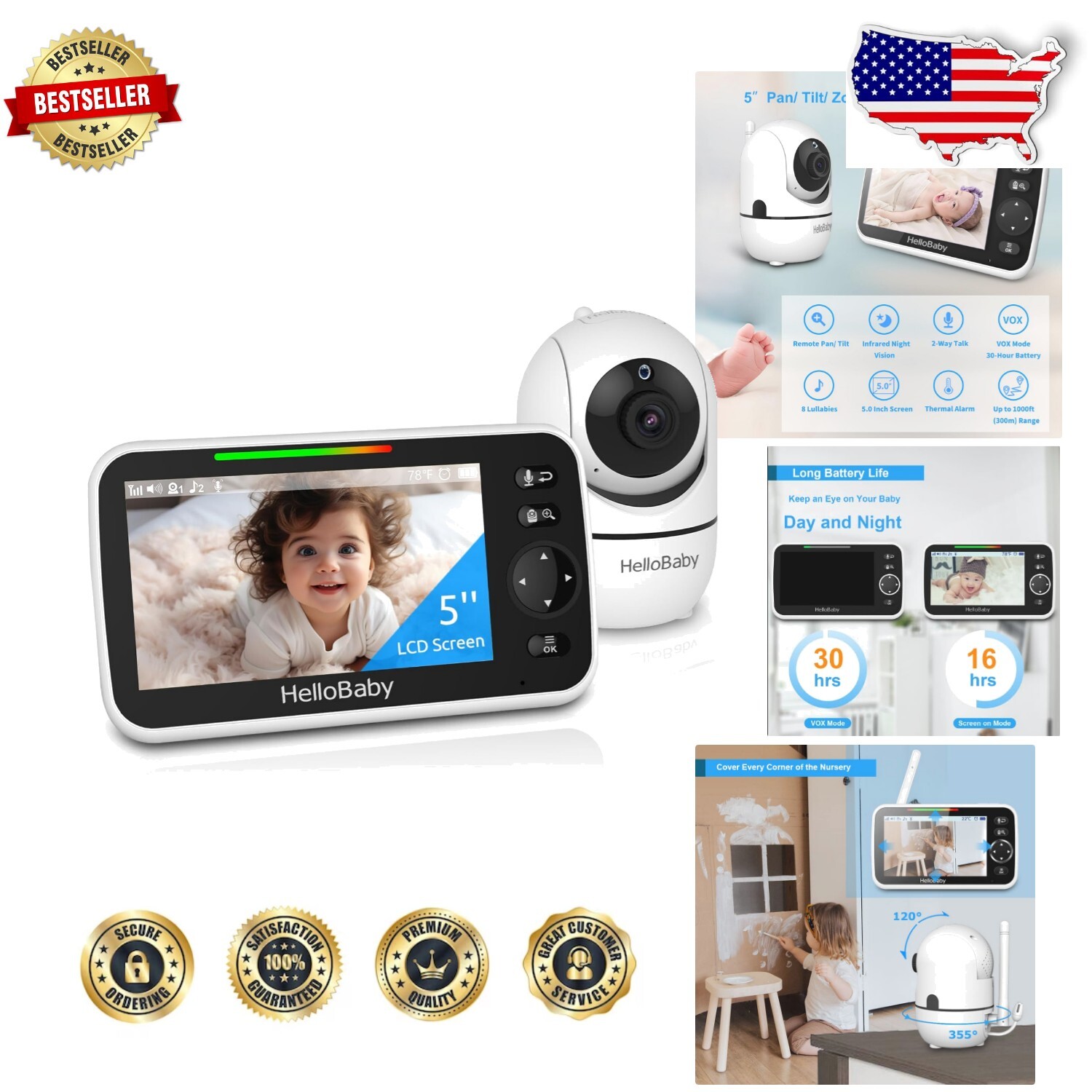 Video Baby Monitor with 5-Inch HD Display, Advanced Night Vision, and Long-Lasting 30-Hour Battery-image