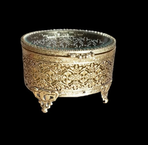 1950's 24K Gilded Gold Matson Floral Filigree Ormolu Casket Oval Bevelled Glass