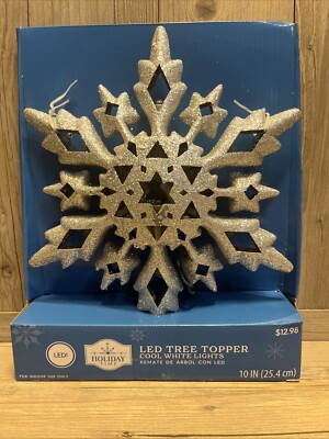 Cool White LED Star Christmas Tree Topper 10'' in Silver Glitter Holiday Time