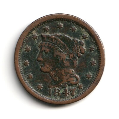 1847/7 USA Braided Hair Large Cent - 7 Over Small 7 Above (F) LGC16