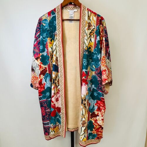Chico's Mujer Kimono Frente Abierto Talla L/XL Chaqueta Drapeada Estampado Floral Retazos