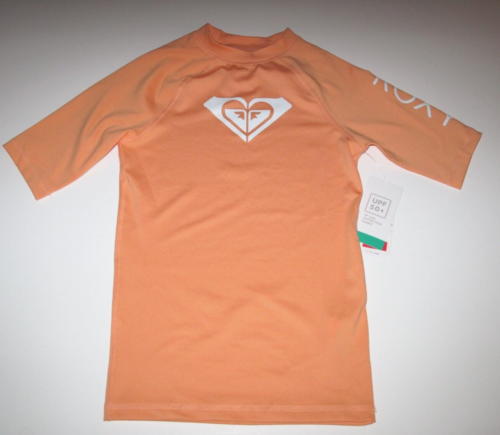 Roxy Girls 12/L Salmon Peach Whole Hearted Short Sleeve UV Rash Guard Top Shirt - Afbeelding 1 van 2