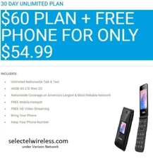 Selectel Wireless $60 Unlimited Plan - Verizon Network + FREE PHONE