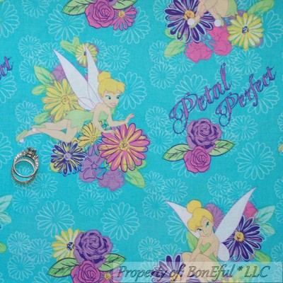 BonEful FABRIC FQ Cotton Quilt Aqua TINKERBELL Disney Flower Fairy Princess Girl