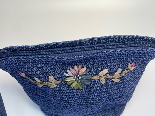 Boho Navy Blue Crochet Woven Bag Tie-Dye Ribbon Embroidered Flowers Wristlet - Picture 6 of 9