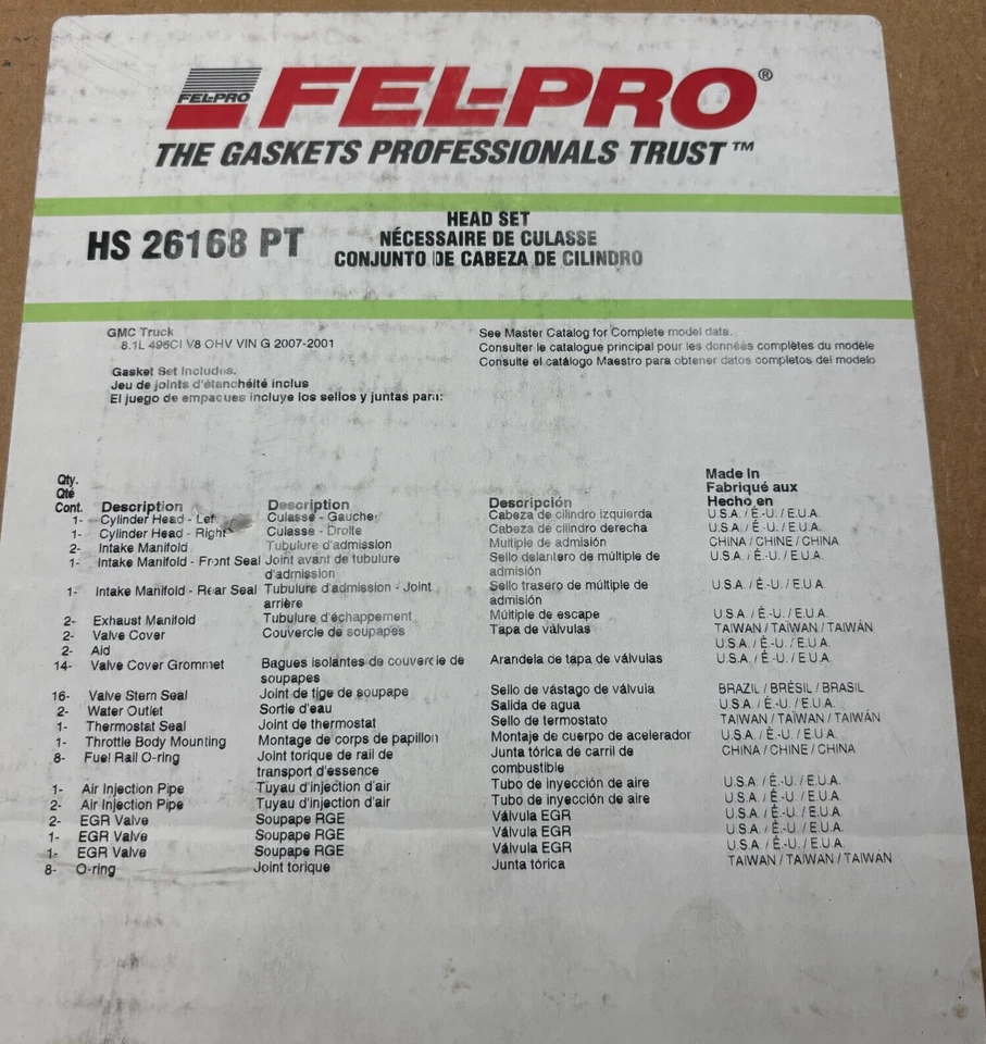 JUEGO DE JUNTAS DE CULATA DE MOTOR FEL-PRO HS 26168 PT CAMIÓN CHEVROLET, GMC 🎯 Foto 2 de 4