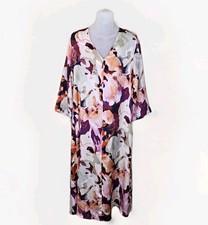 Natori Satin Caftan Kimono S Zip Front Nightgown Designer Maxi Loungewear Floral