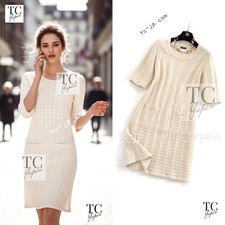 CHANEL 13S Ivory Cream Summer Cotton Knit Dress CC Button Karl Lagerfeld 34 US2