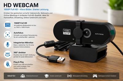 Full HD 1080P Webcam USB AutoFocus Webkamera mit Mikrofon für PC Laptop RF