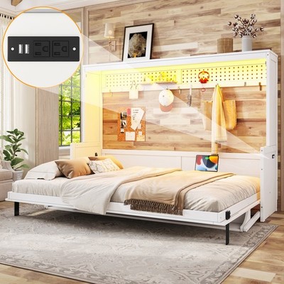 Queen Size Murphy Bed w/a desk, USB Charging Station,LED Lights Wood Bed Frame