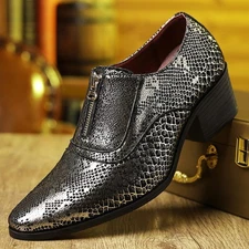 Men's Snake Print Dress Shoes Zip Front Pointed Toe Shiny Block Heel