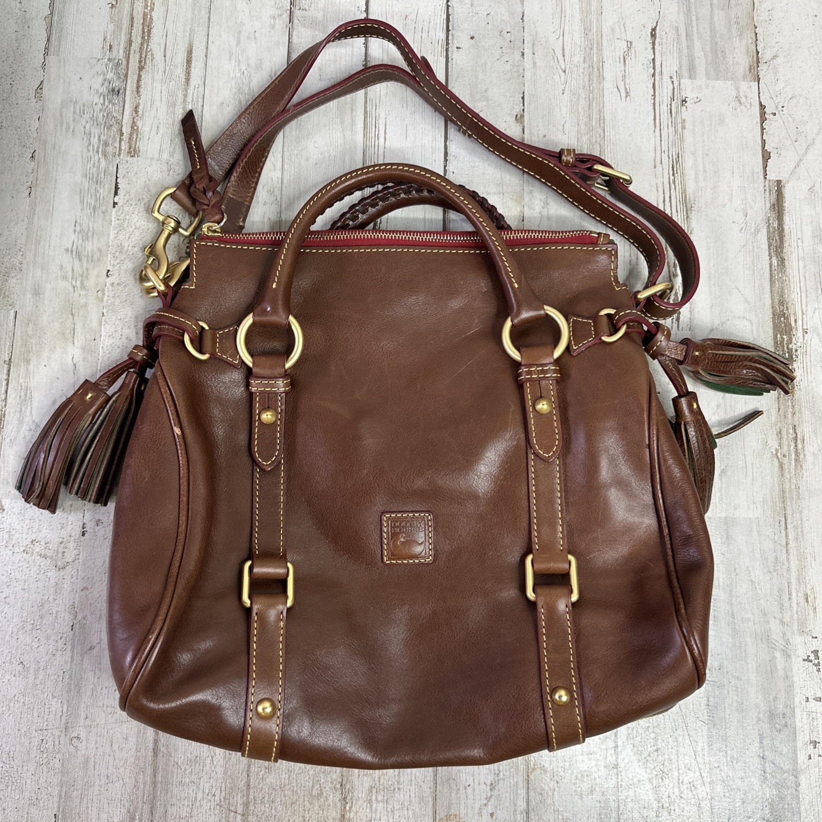 Dooney & Bourke Florentine Leather Tasseled Large Satchel Bag Purse Brown