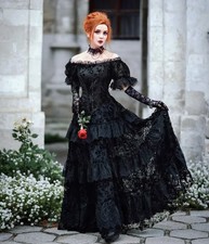 Vintage Black Prom Dresses Off Shoulder Lace Floral Tiered Gothic Evening Gowns