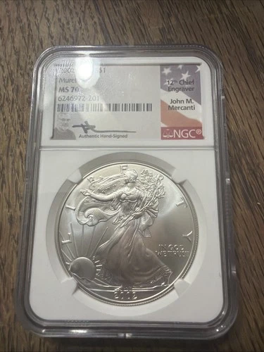 2002 AMERICAN SILVER EAGLE NGC MS70 JOHN MERCANTI SIGNED BEAUTIFUL COIN LOW POP
