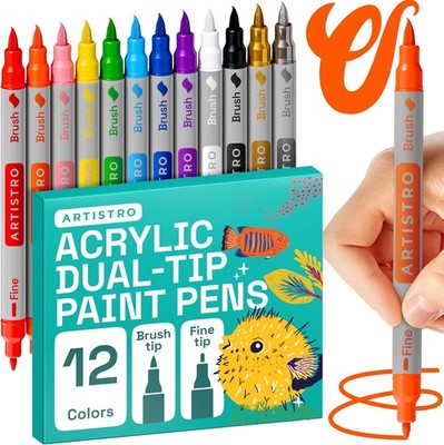ARTISTRO 12 Acrylic Paint Markers - Paint Pens for Drawing, Brush + Fine Tips -