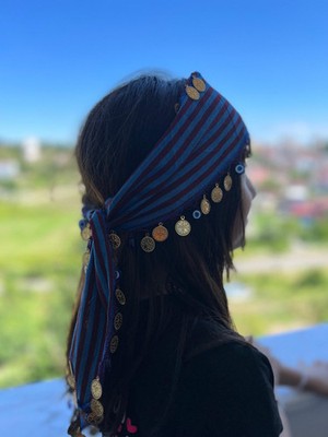 Turkish Boho Hair Bandana Evil Eye Gold Coins Headscarf Black Sea Inspired
