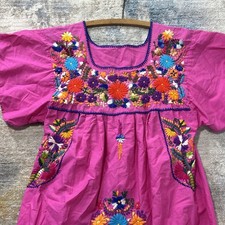 Vintage Mexican Embroidered Dress Pink Floral Folk Art Boho Oaxaca Style Small
