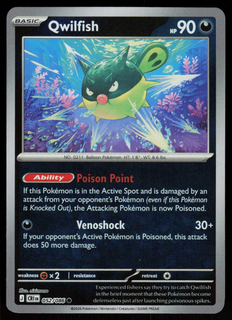 Qwilfish 052/086 Common Chaos Rising Pokemon Reverse Holo Near Mint