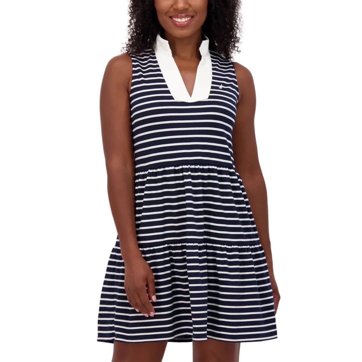 Nautica Jeans Womens Sleeveless Tiered Dress Navy White Striped Polo Medium