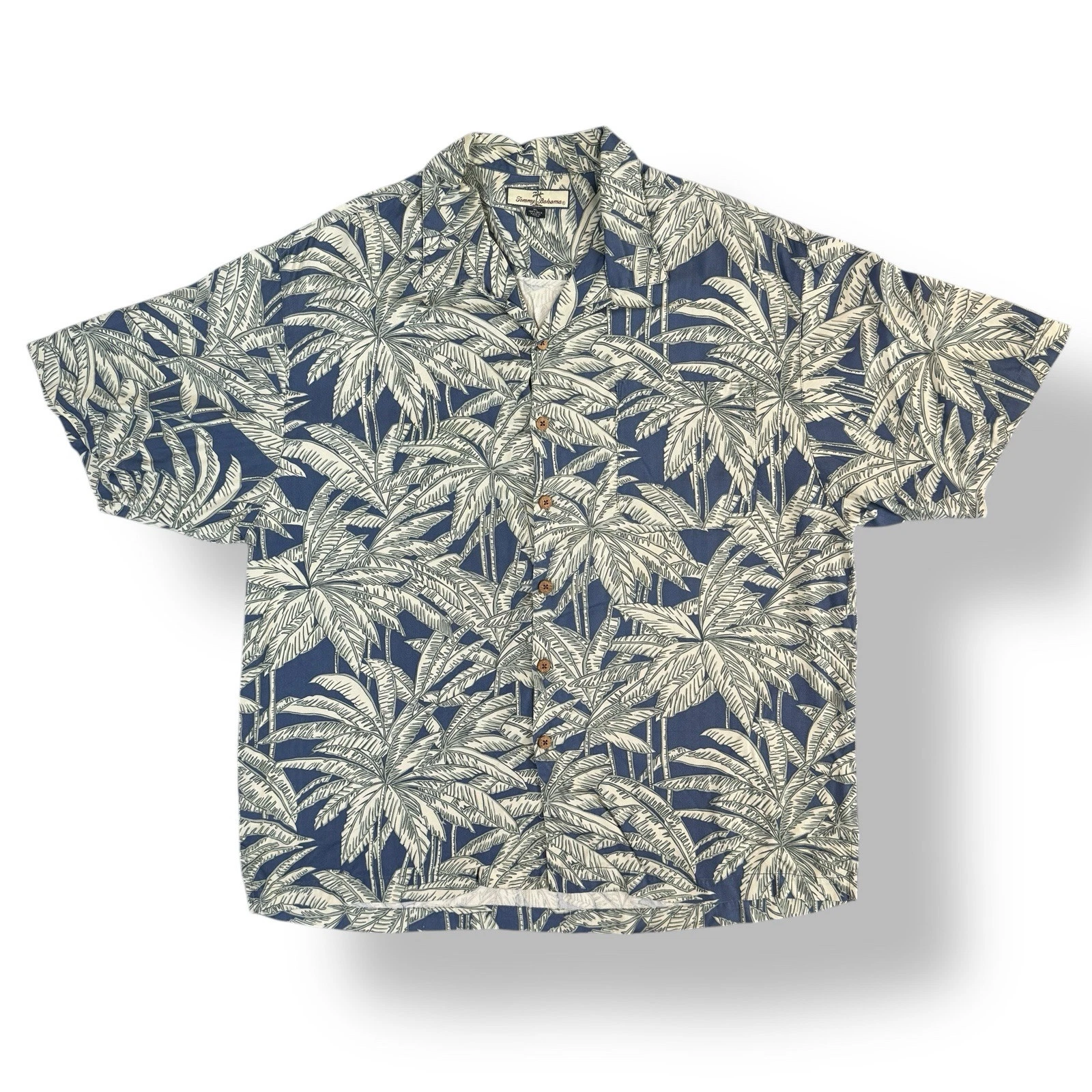 VTG Tommy Bahama Navy & Cream Palm Tree 100% Silk Button Up Hawaiian Shirt XL