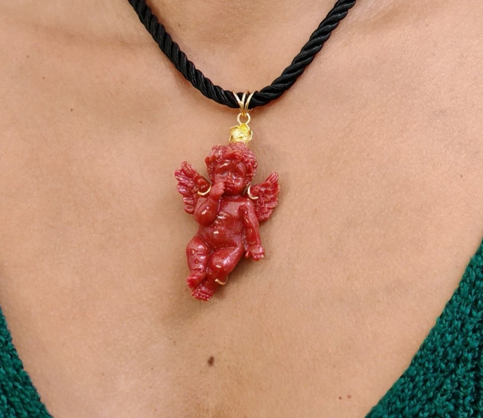 Collana donna angelo pasta di corallo argento placcato oro girocollo puttino - Immagine 2 di 4