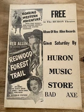 1950 Huron Music Store Bad Cardboard Promotional Poster Rex Allen Theater Movie