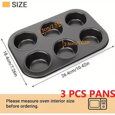 3 PCS Pack 6 Cups Cake Muffin Pan Non-Stick Bakeware Diameter Cups Carbon Steel
