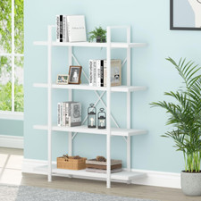 Modern 4-Tier White Bookshelf, Industrial Wood Metal Display Rack