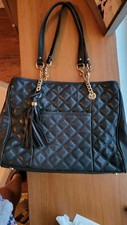 Black Leather Quilted Handbag W Goldtone Chain Strap W/ Leather Handles